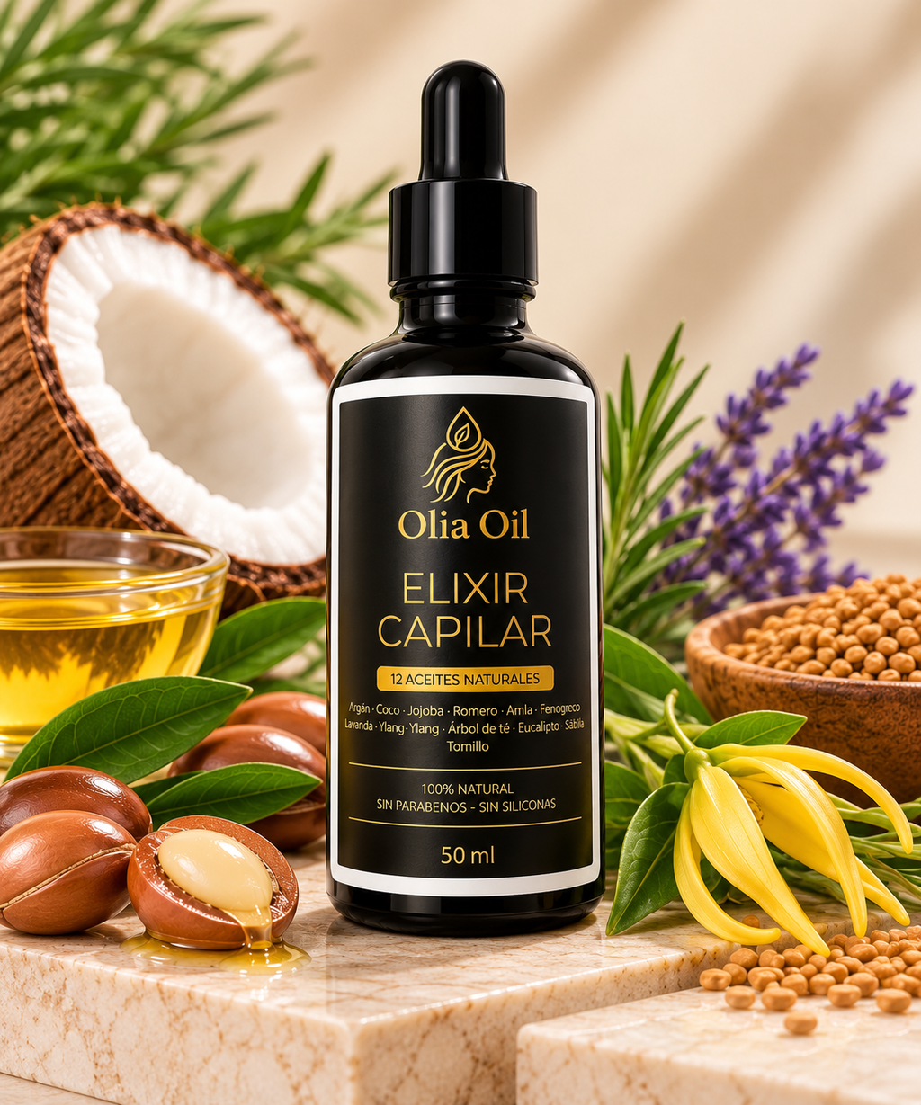 Frasco de aceite capilar OLIA OIL de 50 ml con doce aceites vegetales